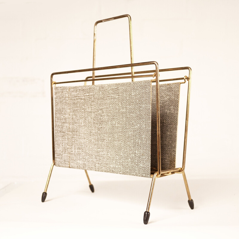 Vintage brass and fabric magazine rack, 1970s