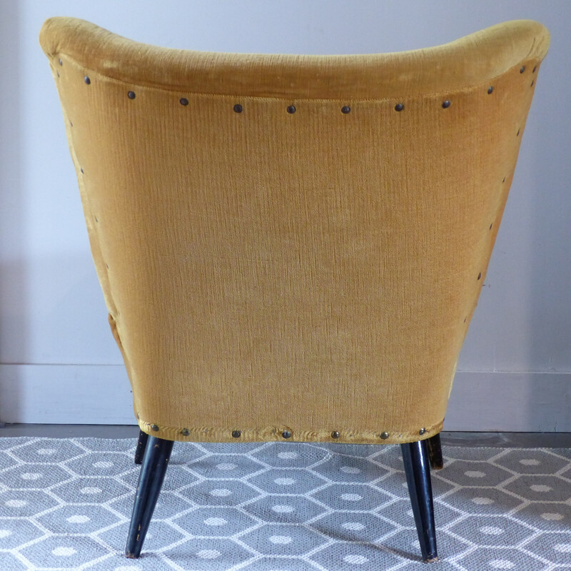 Pair of lounge chairs in wood and mustard velvet - 1950s