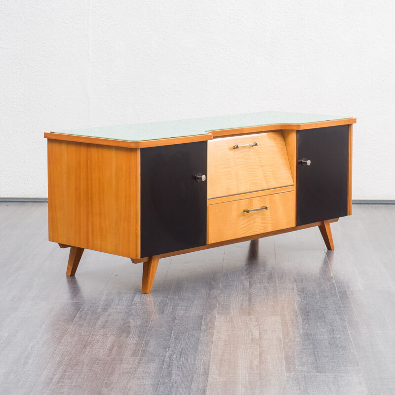 Mid century dresser in two tone wood and glass top, 1950s