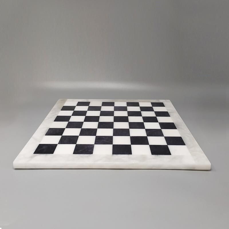 Vintage alabaster handmade black and white chess, Italy 1970s