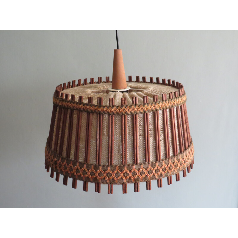 Mid century hanging lamp jute and teak for Massive, Belgium 1970s