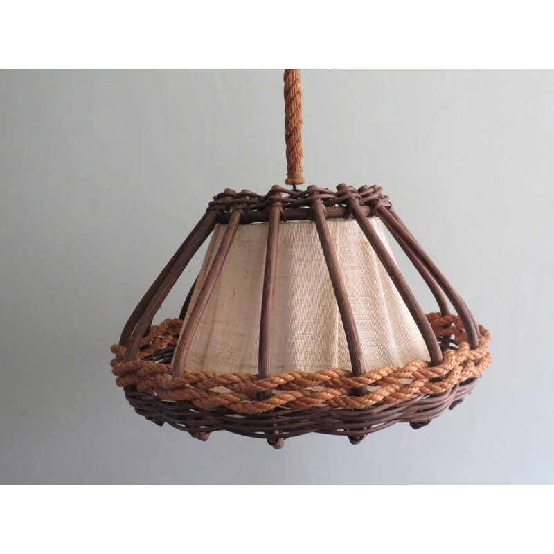 Vintage hanging lampin bamboo and cord by Jute, France 1970s