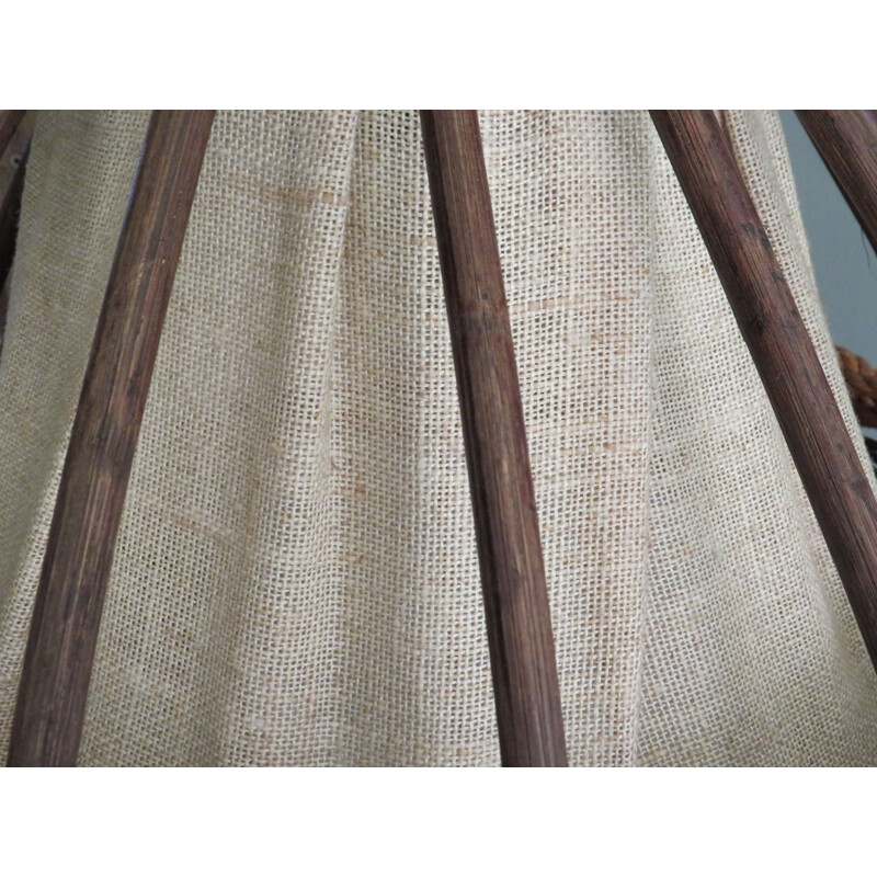 Vintage hanging lampin bamboo and cord by Jute, France 1970s