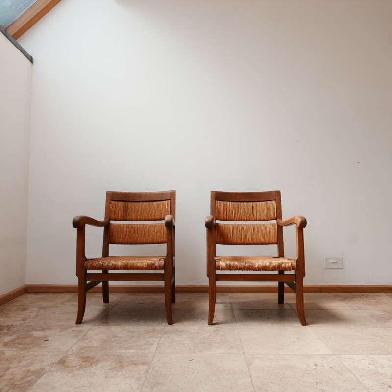 Vintage pair of French mid-Century rush armchairs