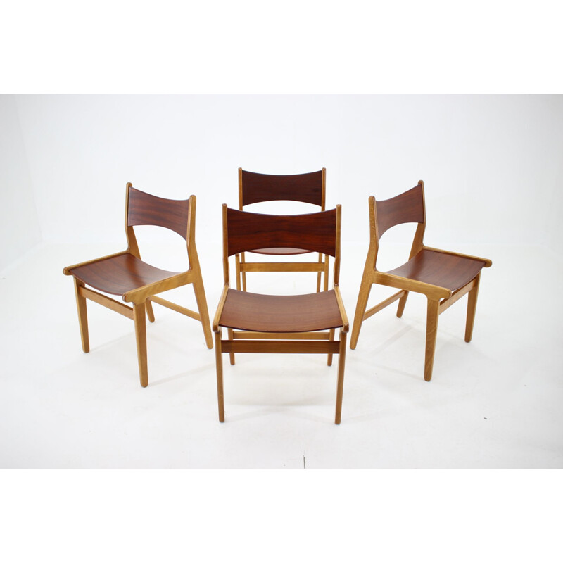 Ensemble de 4 chaises vintage en teck et hêtre, Danemark 1960