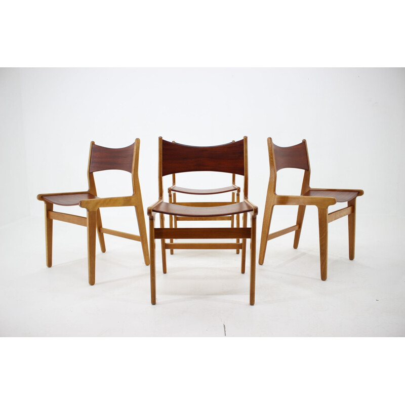 Ensemble de 4 chaises vintage en teck et hêtre, Danemark 1960