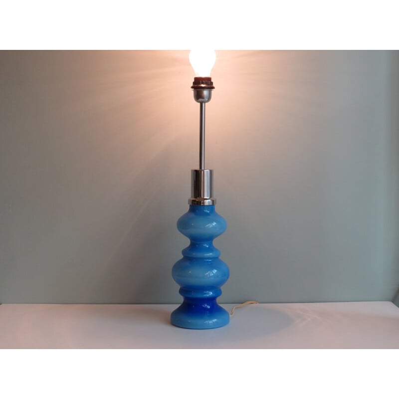 Pied de lampe vintage en verre opalin bleu, Italie 1970