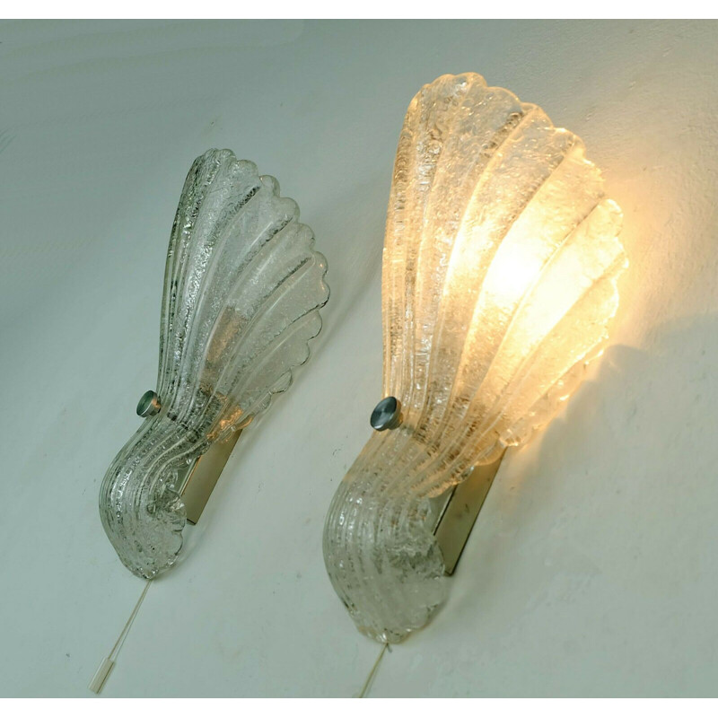 Pair of vintage ice glass wall laps shell shaped sconces by Fischer Leuchten, 1970s
