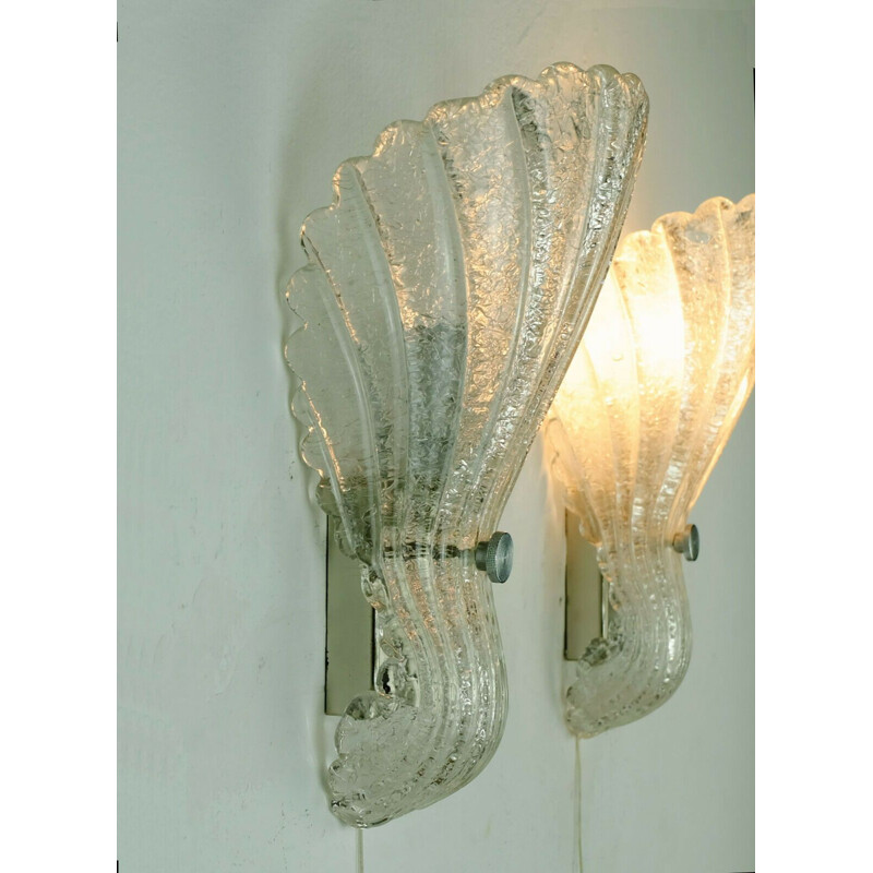 Pair of vintage ice glass wall laps shell shaped sconces by Fischer Leuchten, 1970s