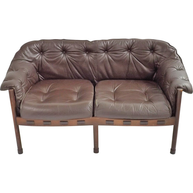 Coja 2 seater sofa in brown leather, Arne NORELL - 1970s