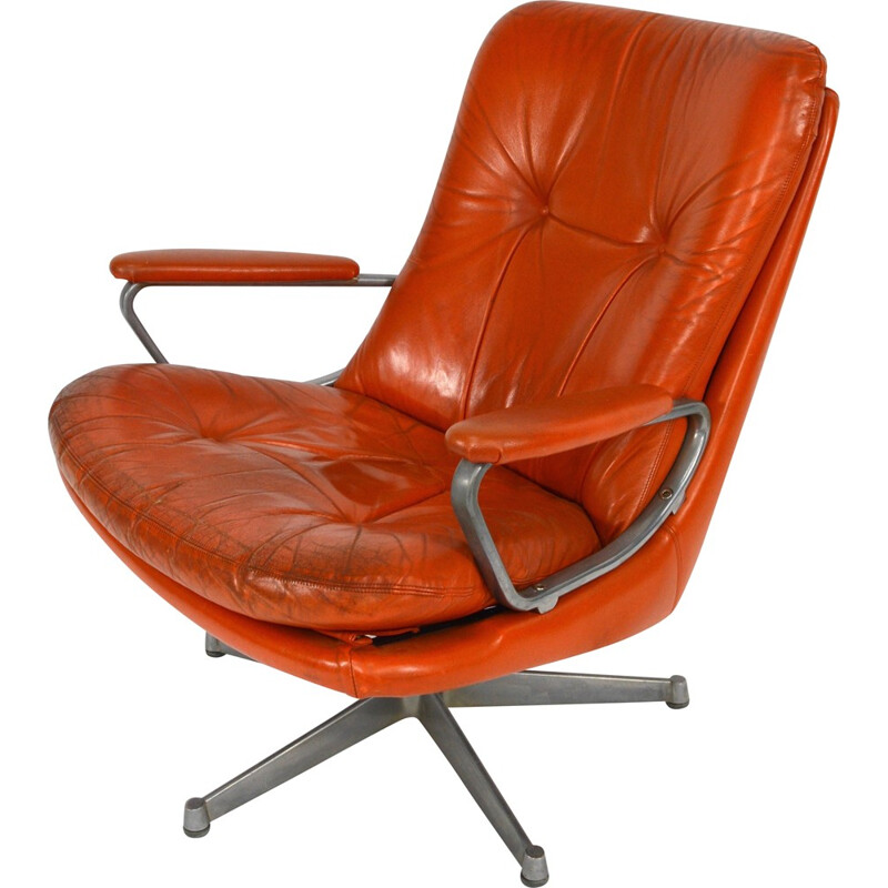 Strässle swivel desk chair in orange leather and aluminium, Andre VANDENBEUCK - 1960s