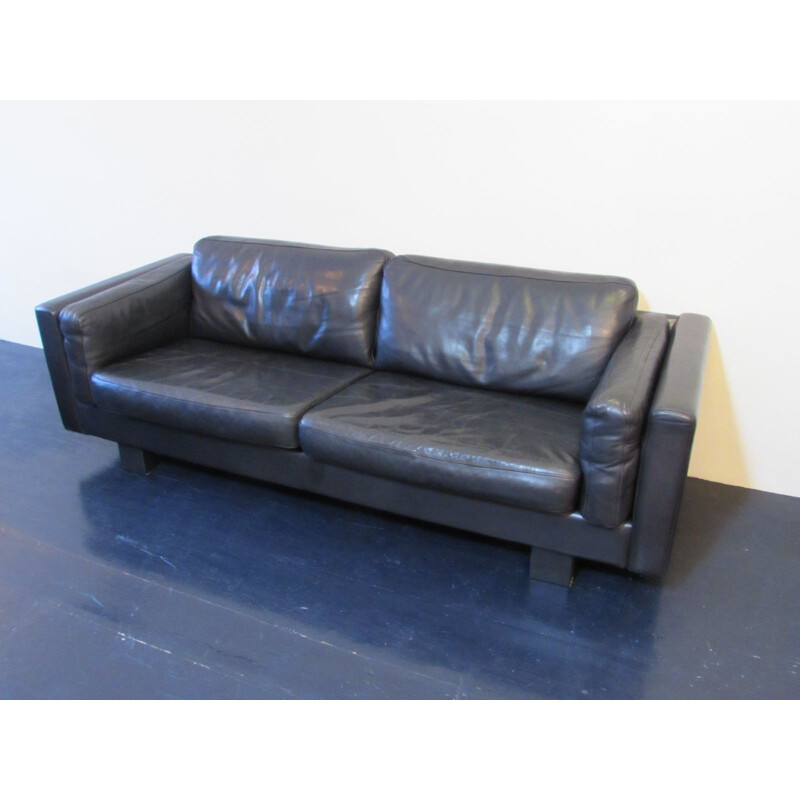 Vintage Danish 3 seater sofa in black leather,1980s