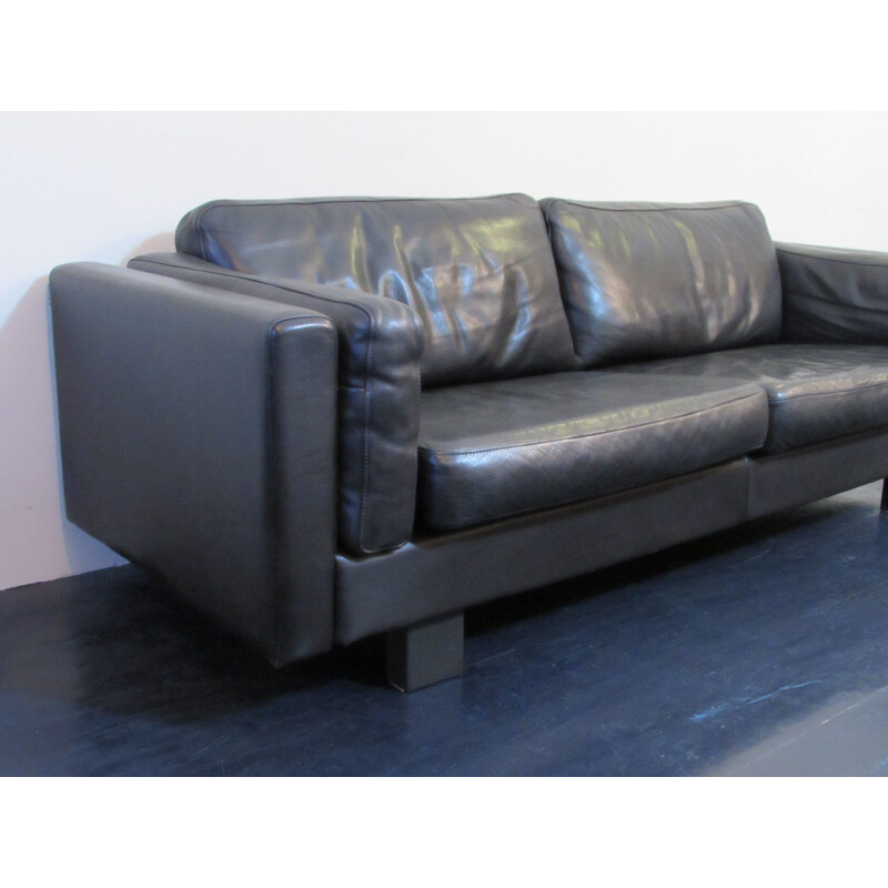 Vintage Danish 3 seater sofa in black leather,1980s