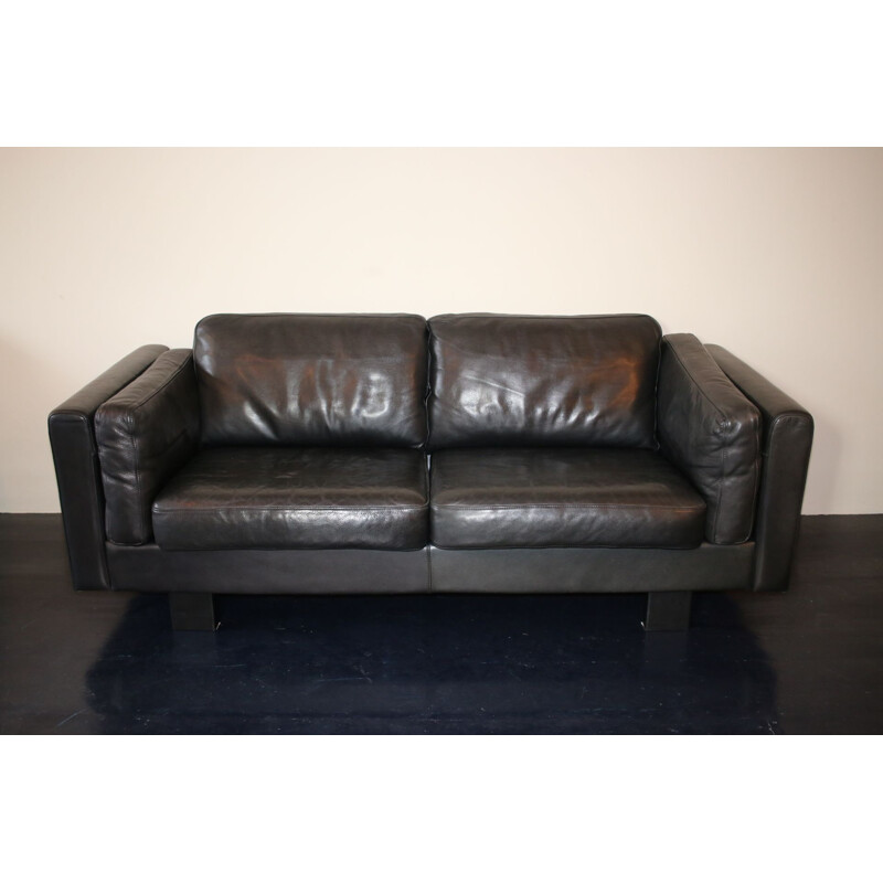 Vintage Danish 3 seater sofa in black leather, 1980