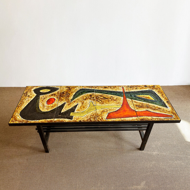 Table basse vintage en plateau de lave émaillé et décor abstrait, France 1960