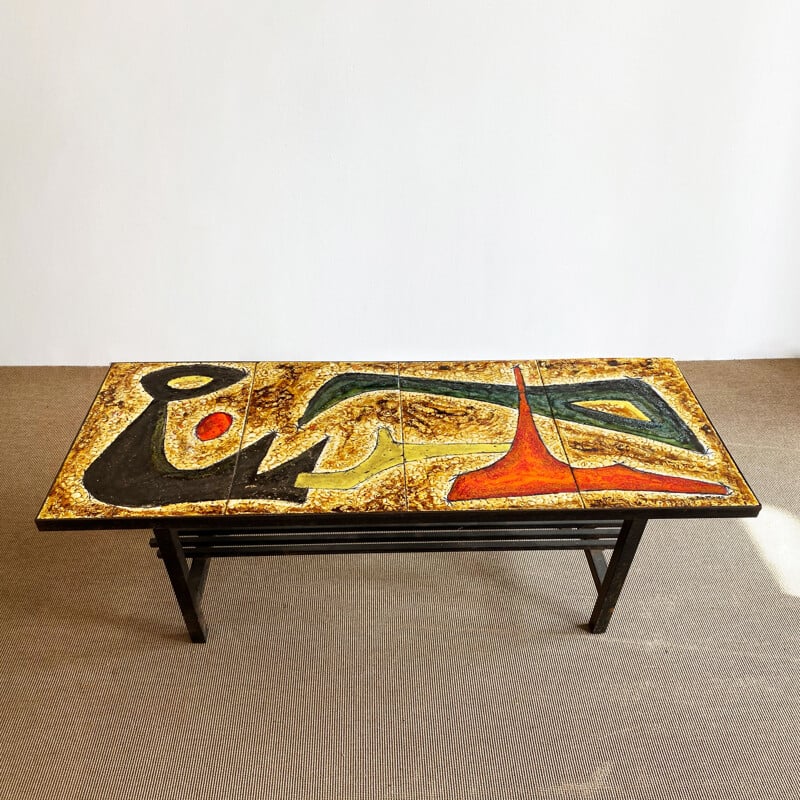 Vintage coffee table with enamelled lava top and abstract design, France 1960s