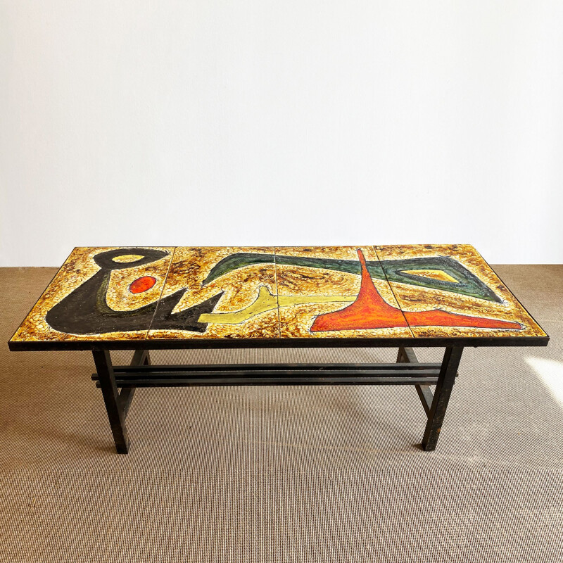 Vintage coffee table with enamelled lava top and abstract design, France 1960s