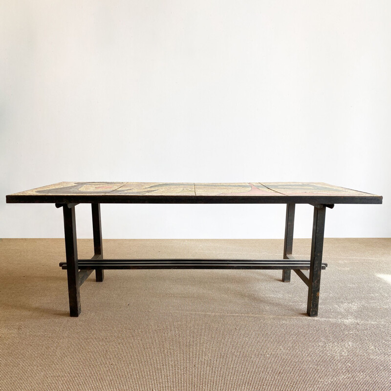 Vintage coffee table with enamelled lava top and abstract design, France 1960s