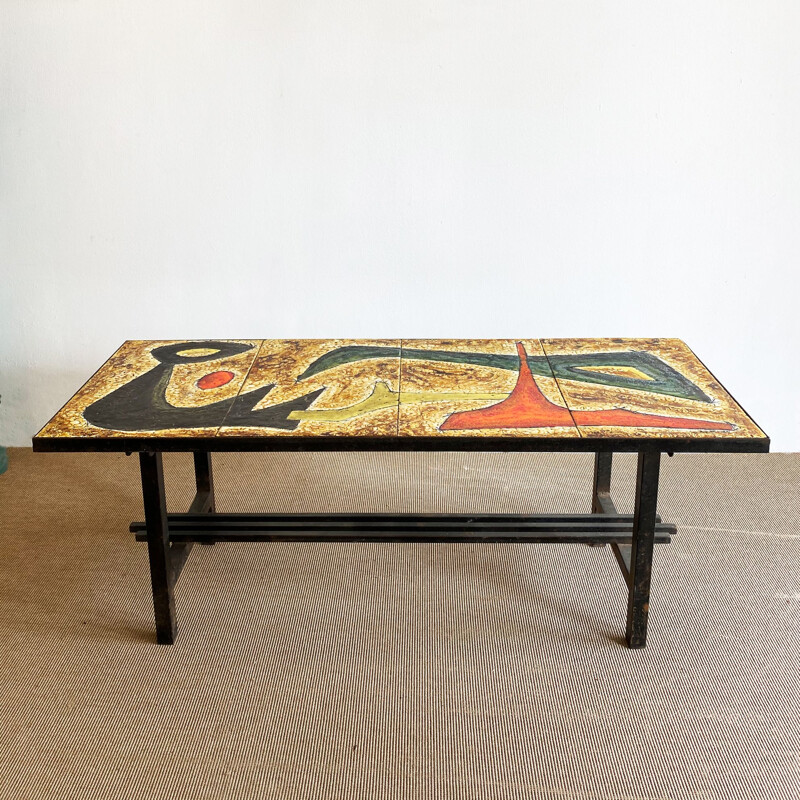 Vintage coffee table with enamelled lava top and abstract design, France 1960s