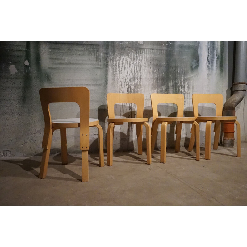 Set of Alvar Aalto Model 66 Children’s Dining Chairs and Model 91L Table in Patinated Birch Produced by Artek 1970’s