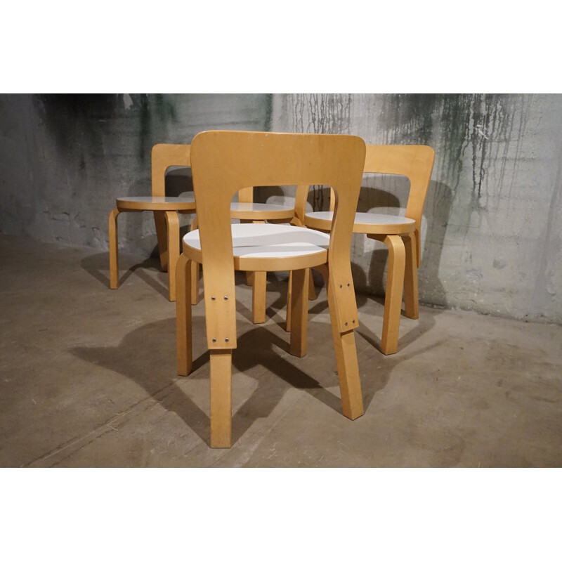 Set of Alvar Aalto Model 66 Children’s Dining Chairs and Model 91L Table in Patinated Birch Produced by Artek 1970’s