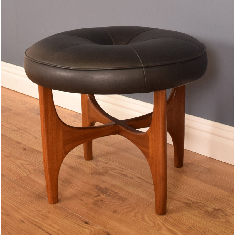 Mid century black leather and teak stool by Victor Wilkins for G Plan 1960s