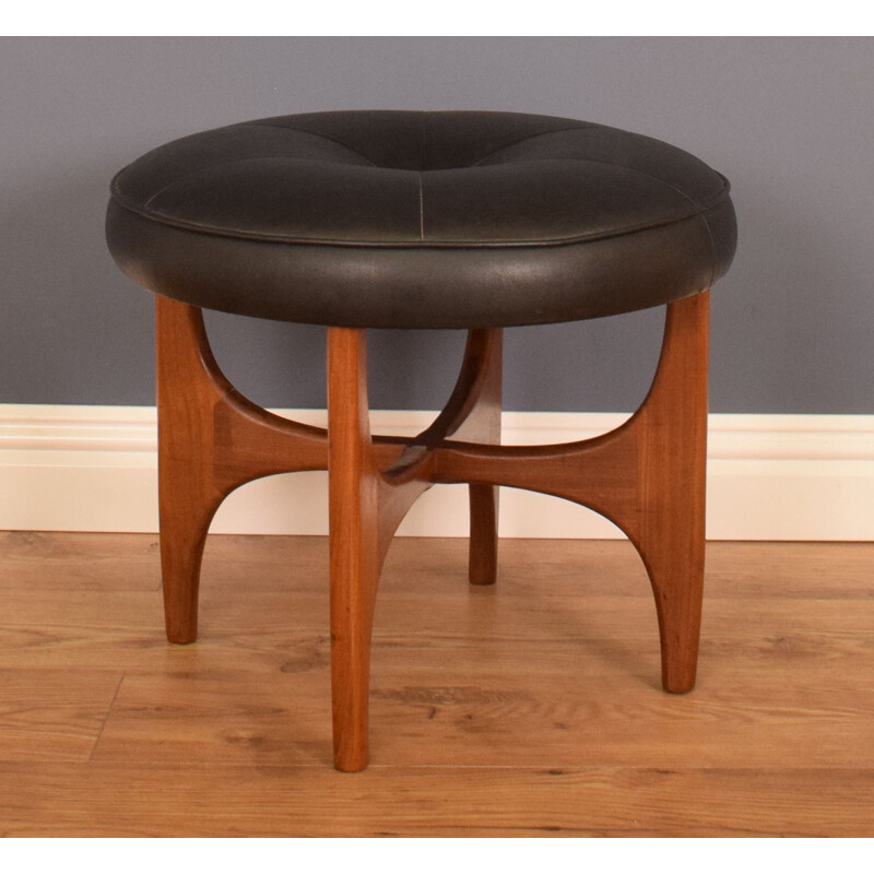 Mid century black leather and teak stool by Victor Wilkins for G Plan 1960s