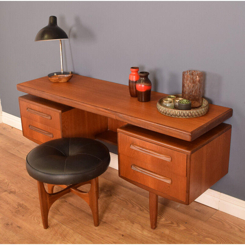 Mid century black leather and teak stool by Victor Wilkins for G Plan 1960s