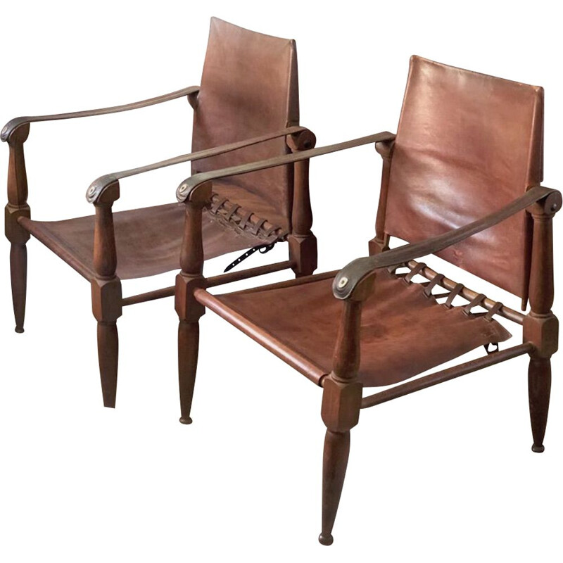 Pair of vintage leather safari chairs by Wilhelm Kienzle for Wohnbedarf 1950s