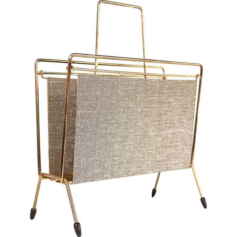 Vintage brass and fabric magazine rack, 1970s