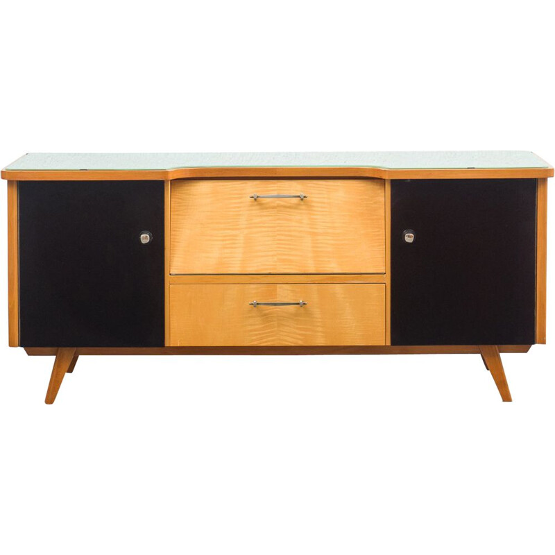 Mid century dresser in two tone wood and glass top, 1950s