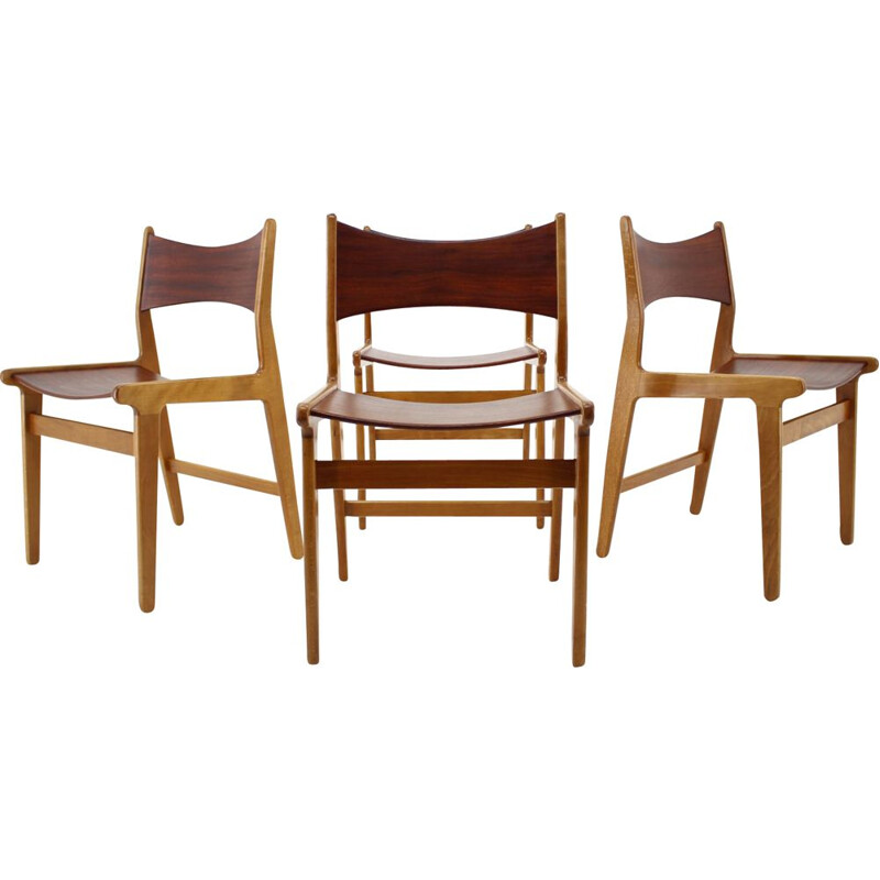 Ensemble de 4 chaises vintage en teck et hêtre, Danemark 1960
