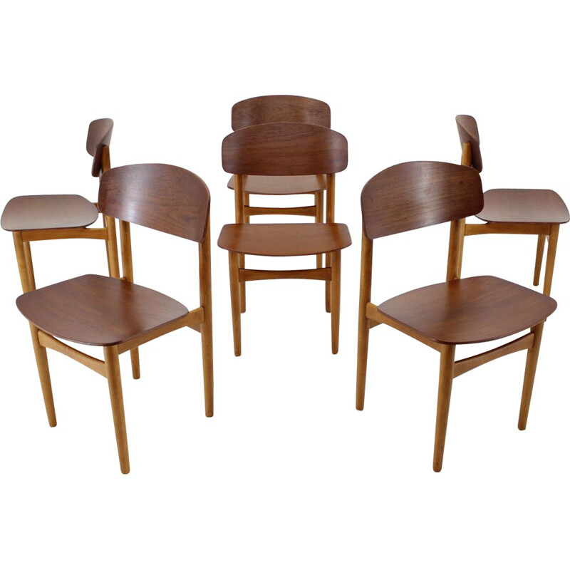 Set of 6 vintage oak and teak dining chairs by Børge Mogensen for Søborg Møbelfabric, Denmark 1960s