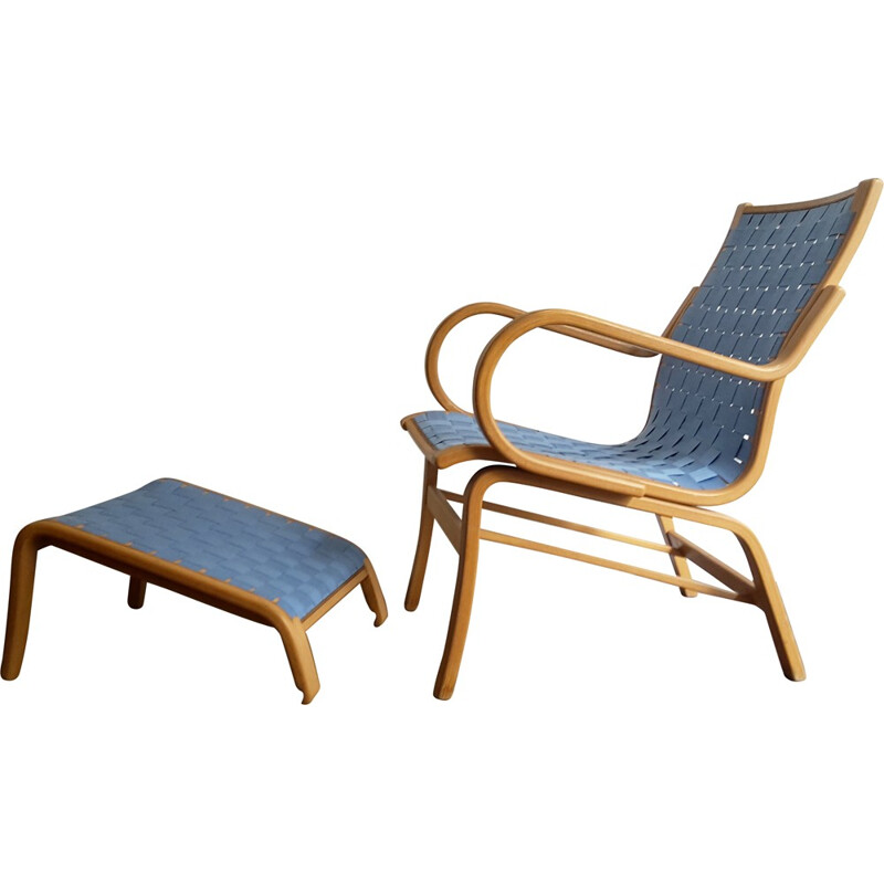 Lounge chair with Ottoman in birch and cotton, Bent OLSEN - 1970s