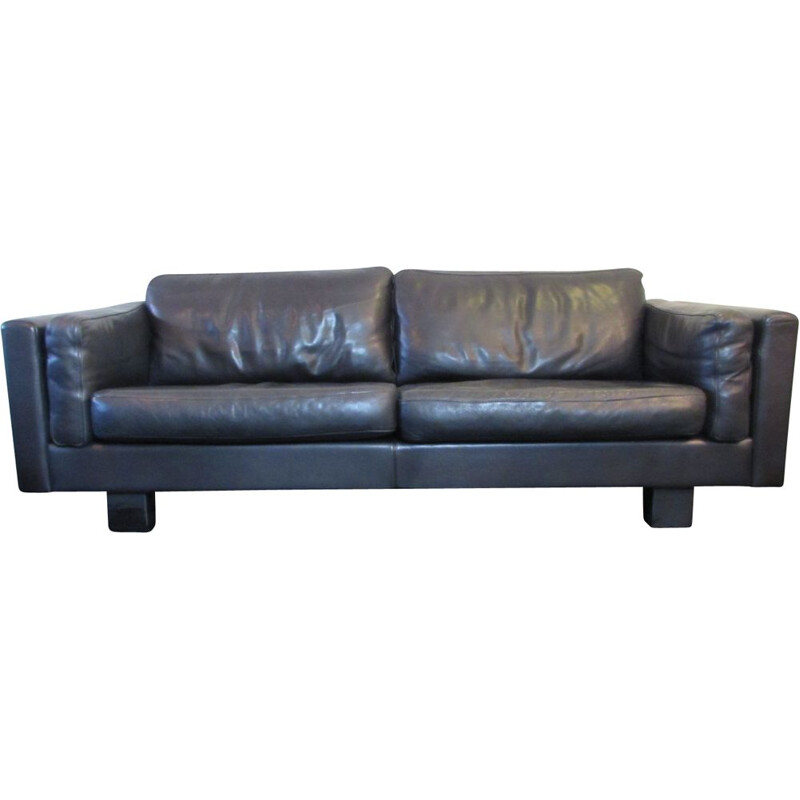 Vintage Danish 3 seater sofa in black leather,1980s