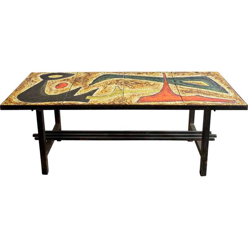 Vintage coffee table with enamelled lava top and abstract design, France 1960s