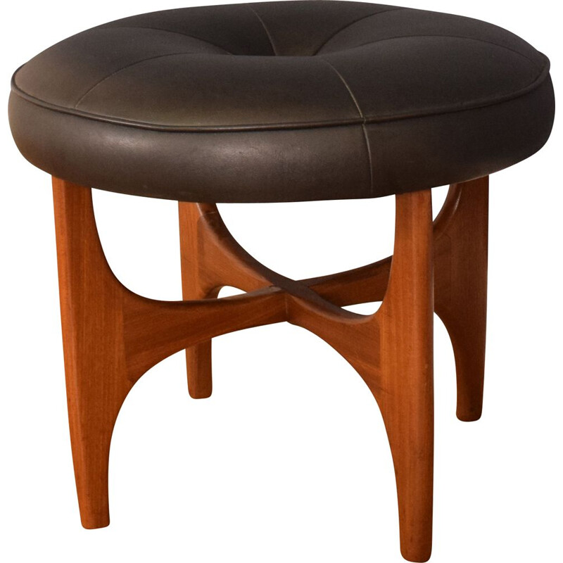 Mid century black leather and teak stool by Victor Wilkins for G Plan 1960s