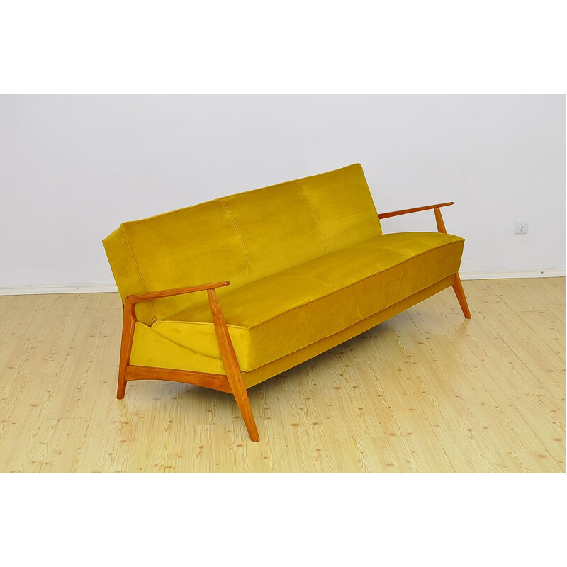 Mid century velvet and cherry wood sofa daybed, 1960s