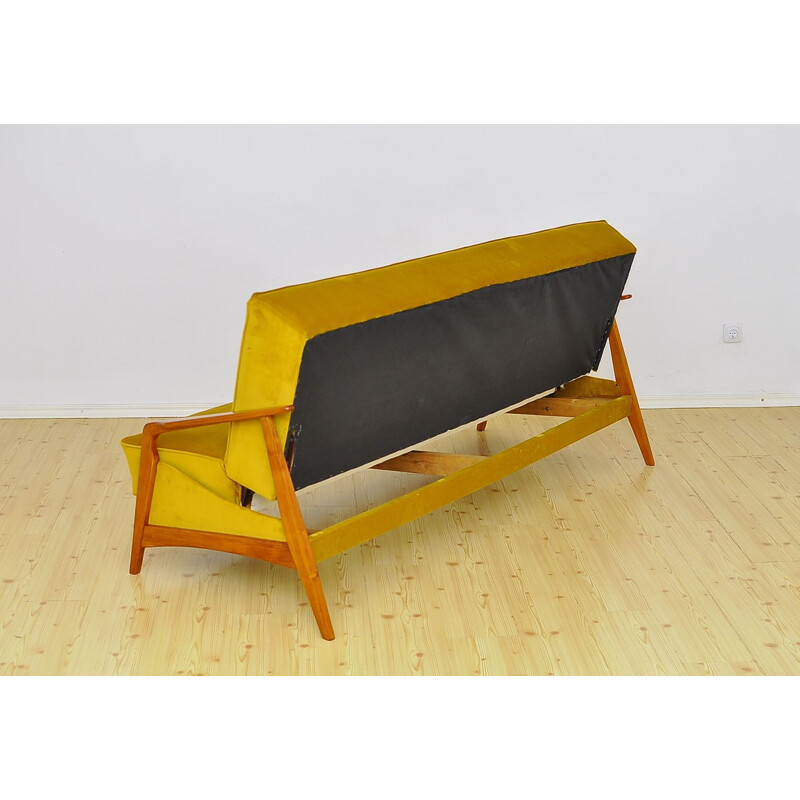 Mid century velvet and cherry wood sofa daybed, 1960s