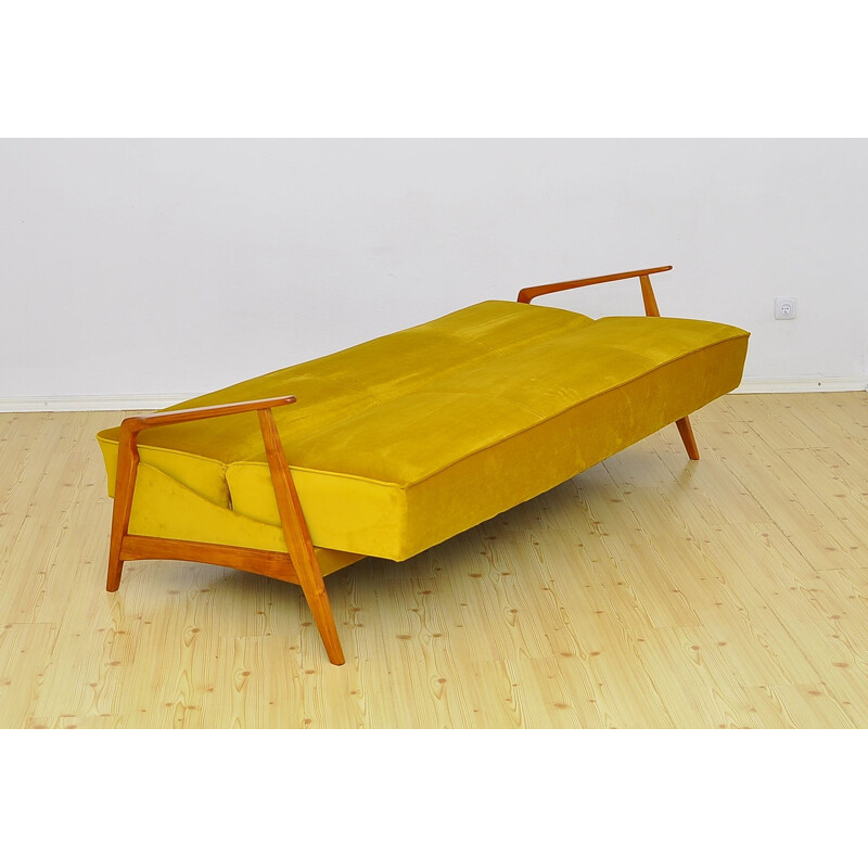 Mid century velvet and cherry wood sofa daybed, 1960s