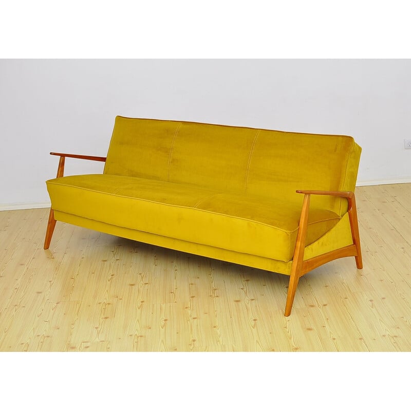 Mid century velvet and cherry wood sofa daybed, 1960s