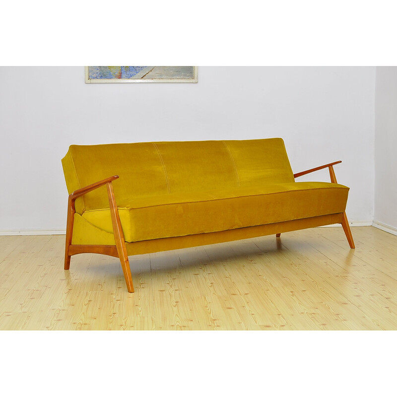 Mid century velvet and cherry wood sofa daybed, 1960s