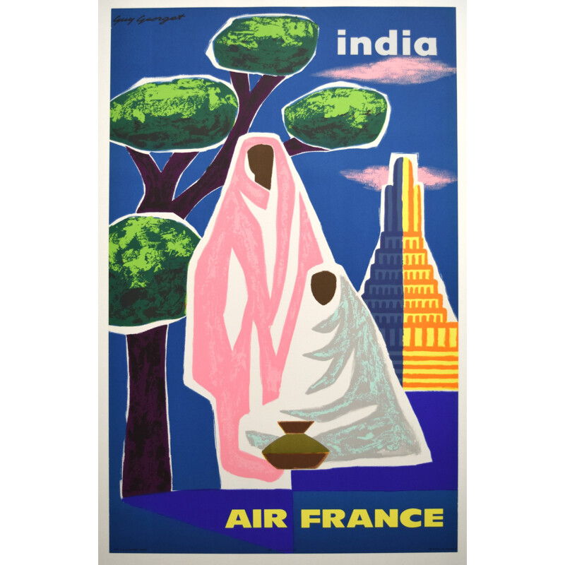 Affiche vintage Air France India, Guy GEORGET - 1963