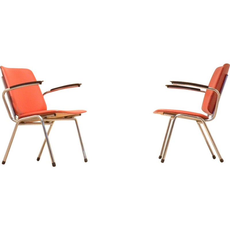 Pair of Dutch Gispen armchairs in red leatherette and chromed metal - 1960s