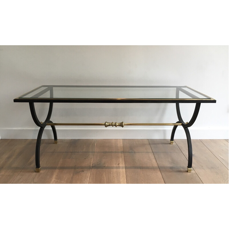 Vintage brass and blackened steel coffee table, 1950