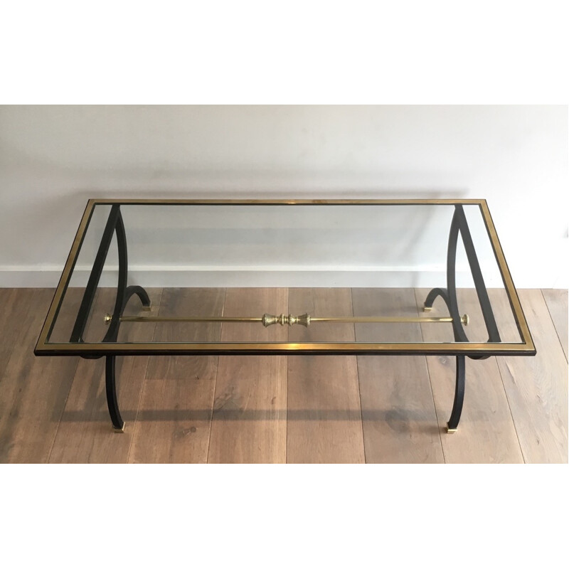 Vintage brass and blackened steel coffee table, 1950