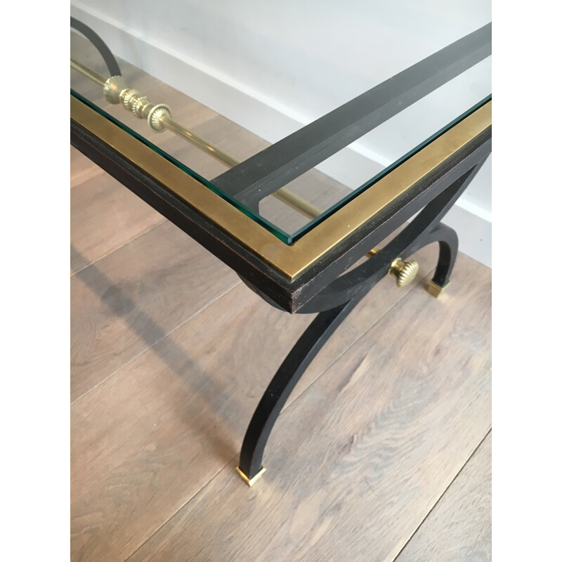 Vintage brass and blackened steel coffee table, 1950