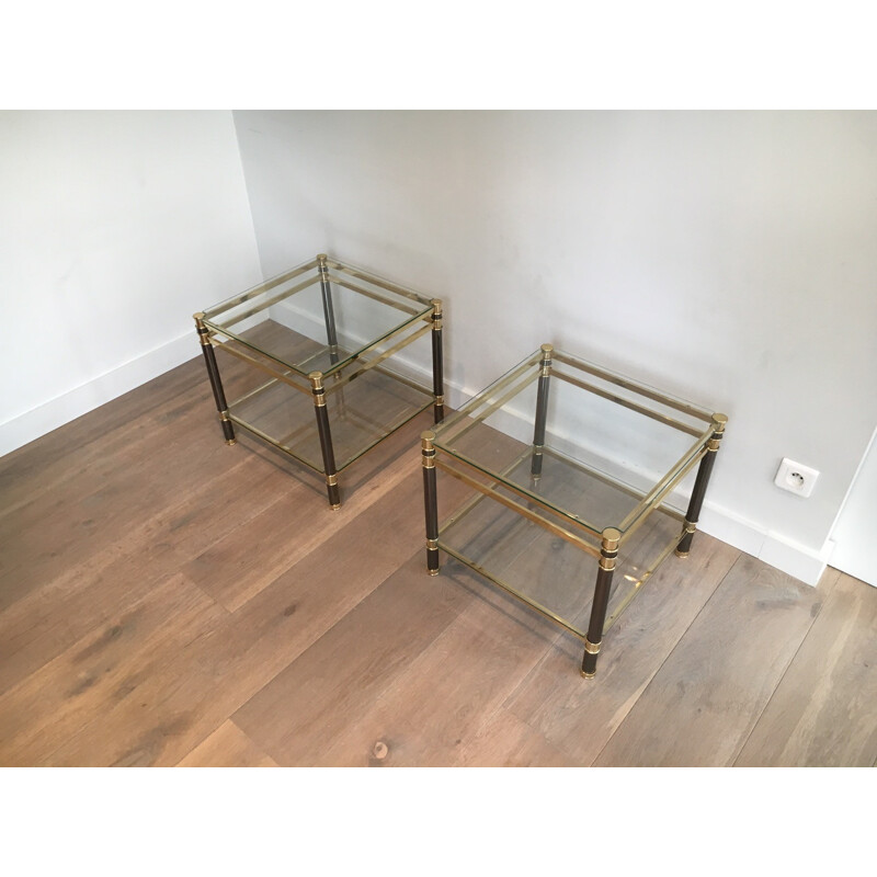Pair of small side tables in brass and glass - 1970s