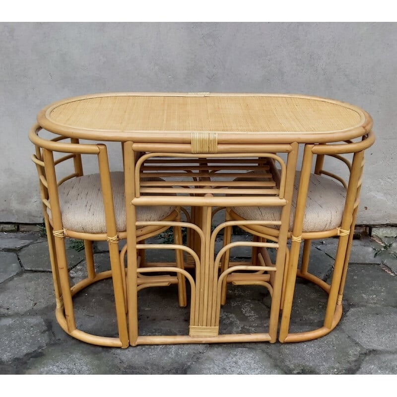 Set of vintage table and 2chairs rattan dining, 1980s