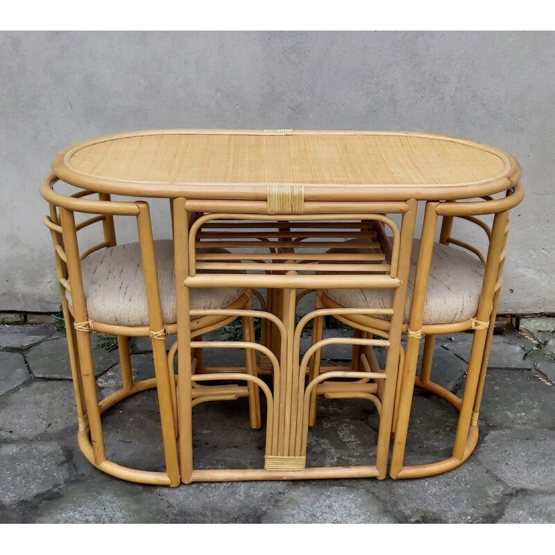 Vintage Tisch und 2 Stühle aus Rattan, 1980
